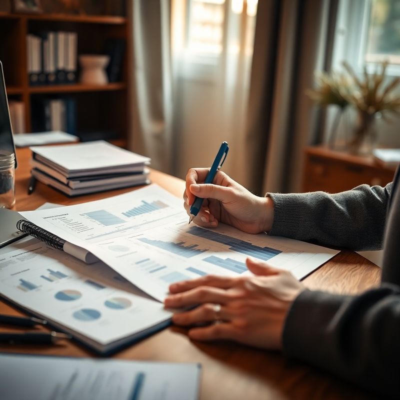 Persoană analizând rapoarte financiare tipărite la un birou de birou