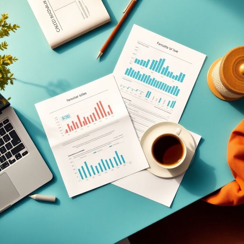 Birou editorial cu documente financiare, laptop și rapoarte