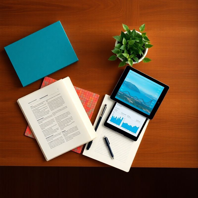 Birou de lemn cu caiete deschise, tabletă cu grafice financiare